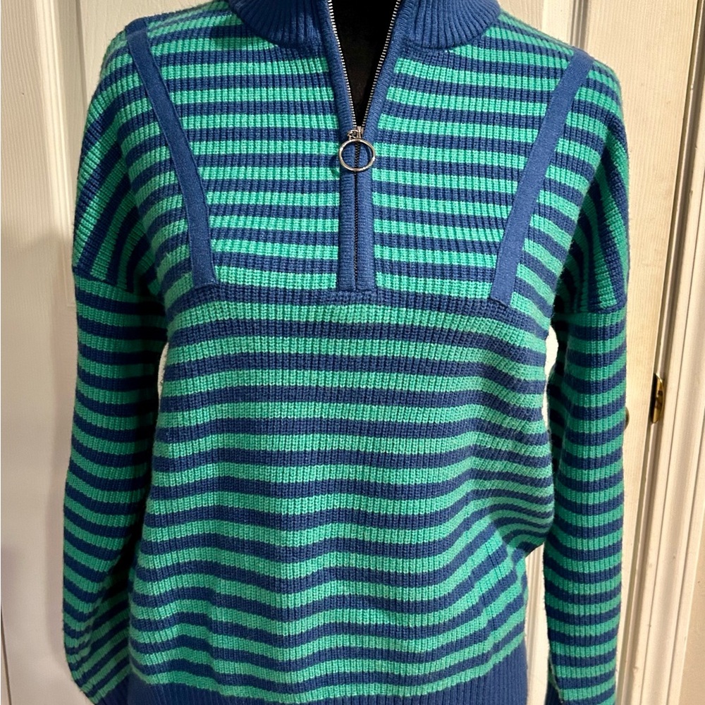 Striped Blue and Green Women's Half-Zip Sweater